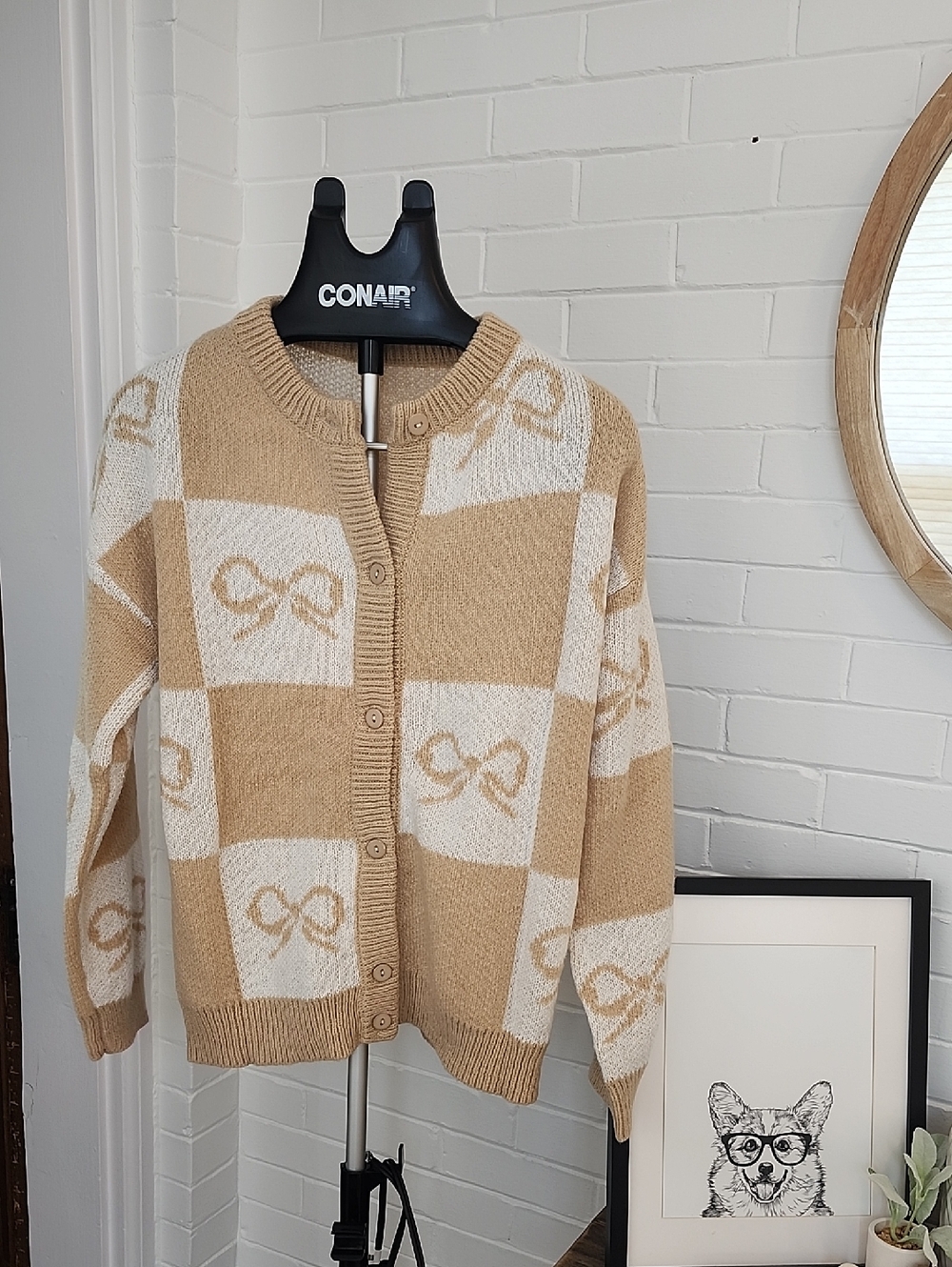 Beige & Cream Checkered Bow Cardigan Sweater